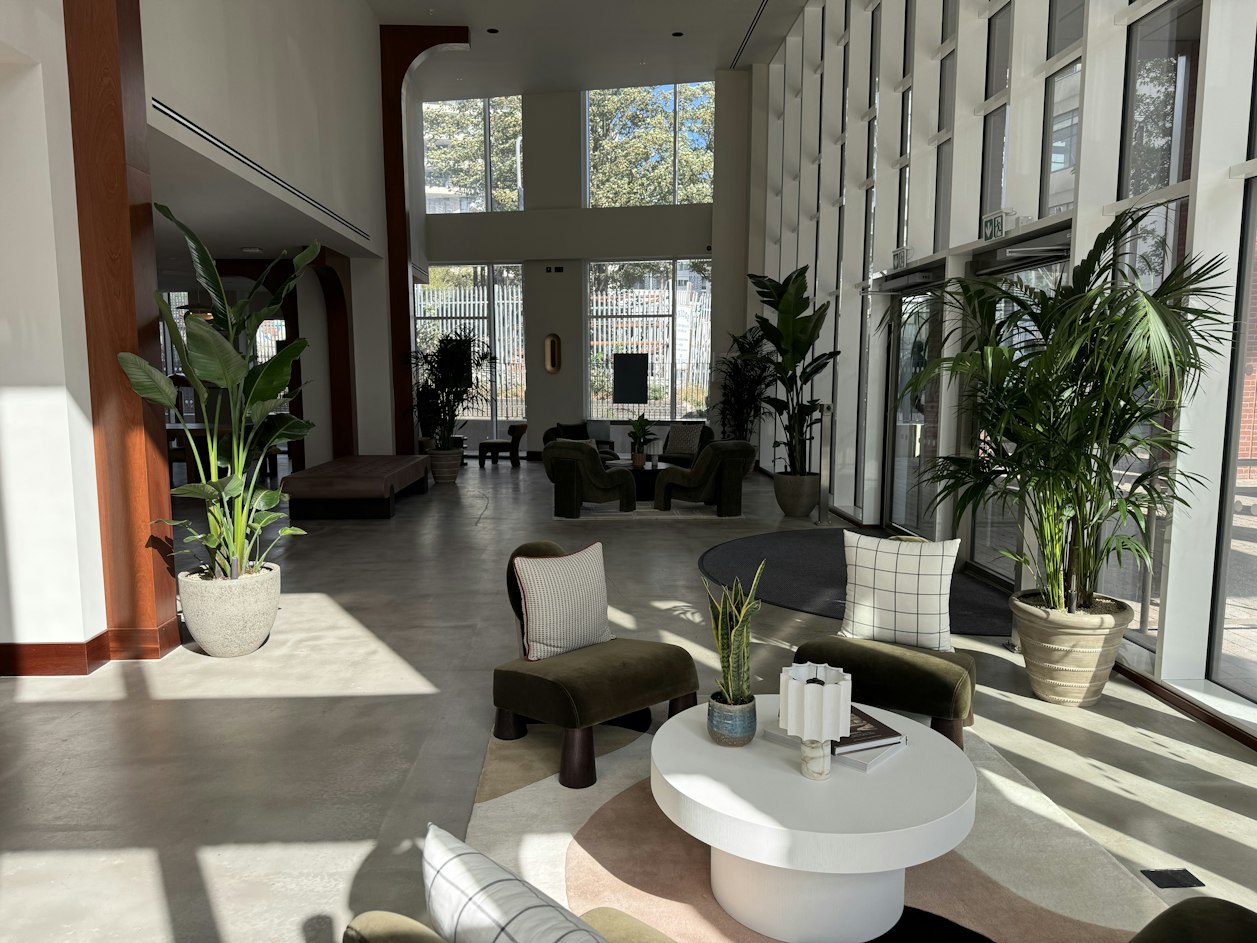 Large indoor plants and palms decorating a spacious, modern resident lounge with expansive windows in London's Aquifer House.