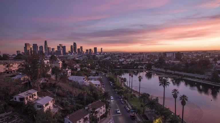 Echo Park Lake with Downtown Los Angeles Skyline View