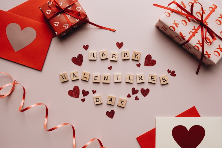 Happy Valentine's Day sign and gifts