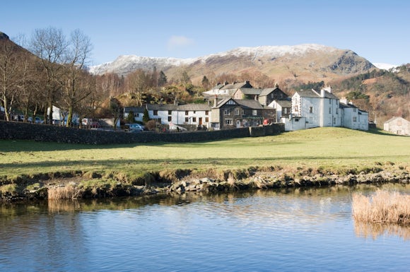 Patterdale village and Goldrill Beck, in a wintery English Lake District, UK