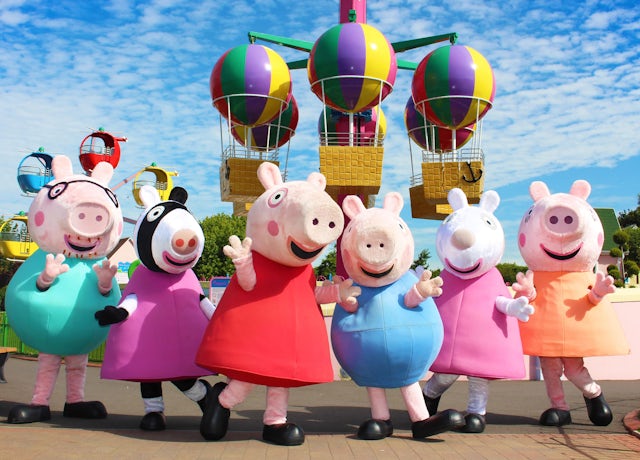 Peppa Pig & Friends outside ‘Peppa’s Big Balloon Ride’ at Peppa Pig World in Paultons Park