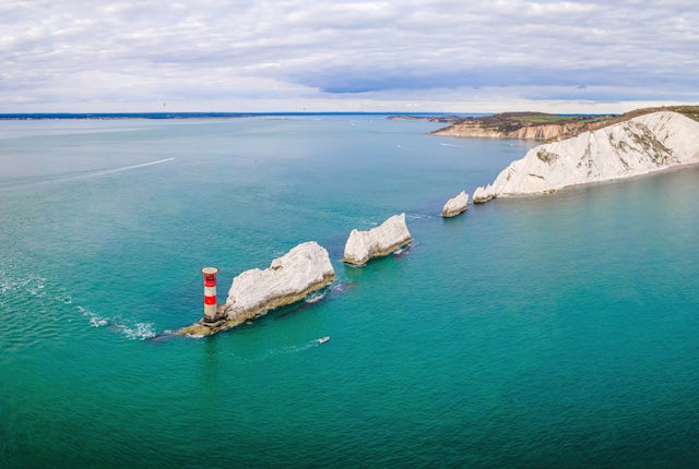 Aerial panoramic view of the Needles of Isle of Wight, UK