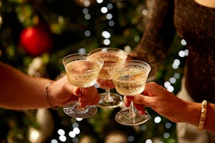 Champagne toast in front of the Christmas tree
