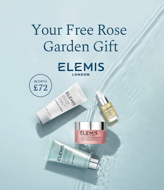 Elemis Rose Garden Gift Set products on a blue background with water