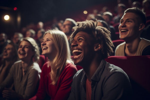 An audience laughs during a comedy show