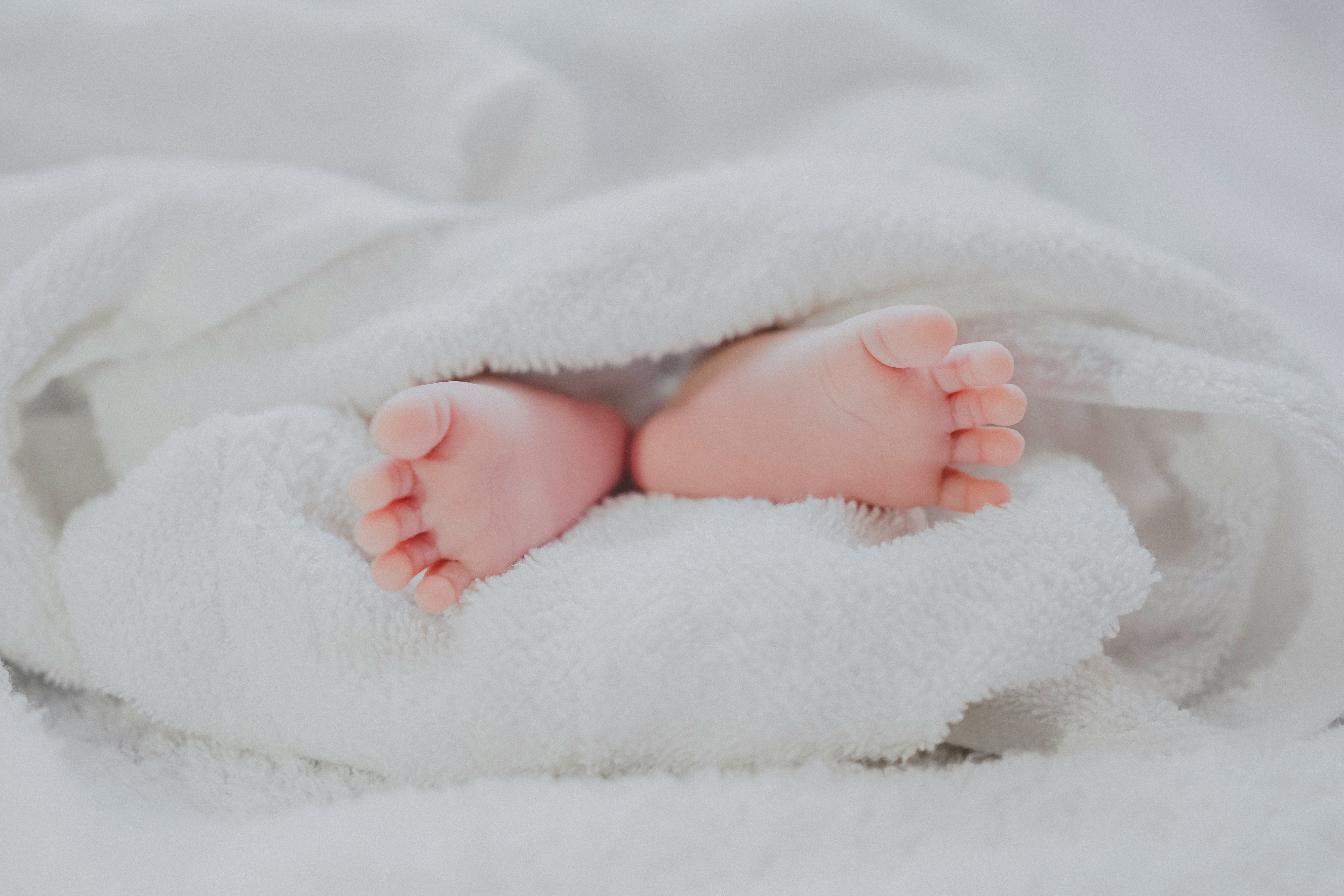 A baby's feet, sticking out of swaddling