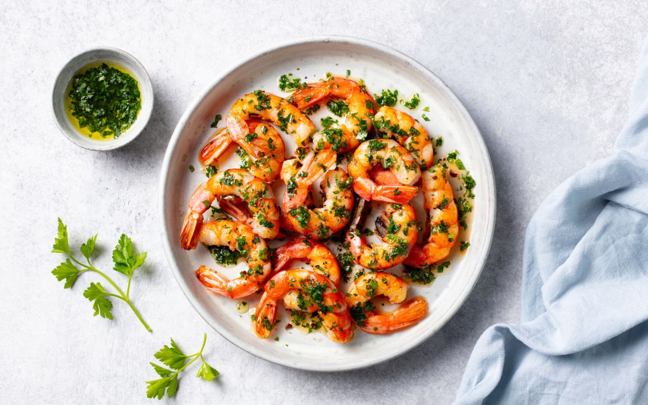prawns on a white plate