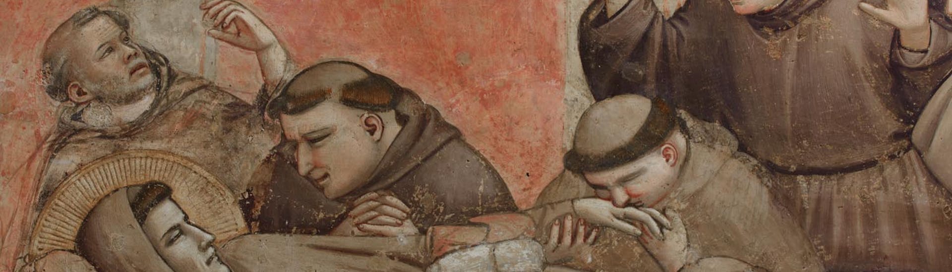 Giotto, "Morte di san Francesco, la cui anima viene portata in cielo dagli angeli; verifica delle stimmate da parte dell’incredulo Girolamo", particolare delle "Storie di san Francesco", 1317-1325, affresco. Firenze, Santa Croce, transetto destro, cappella Bardi Giotto, "Morte di san Francesco, la cui anima viene portata in cielo dagli angeli; verifica delle stimmate da parte dell’incredulo Girolamo", particolare delle "Storie di san Francesco", 1317-1325, affresco. Firenze, Santa Croce, transetto destro, cappella Bardi