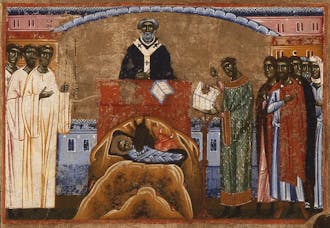 Coppo di Marcovaldo, “San Francesco istituisce il presepe a Greccio”, scena di “San Francesco e venti storie della sua vita” (“Tavola Bardi”), 1245-1250, tempera su tavola. Firenze, Santa Croce, transetto