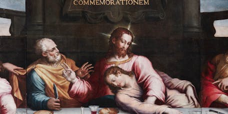 Giorgio Vasari, detail of "The Last Supper", 1546-1547, oil on wood. Florence, Monumental complex of Santa Croce, Refectory Giorgio Vasari, detail of "The Last Supper", 1546-1547, oil on wood. Florence, Monumental complex of Santa Croce, Refectory