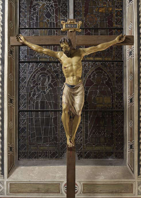 Donatello, “Crocifisso”, 1408-1409 circa, legno di pero intagliato e dipinto. Firenze, Santa Croce, transetto sinistro, cappella Bardi di Vernio Donatello, “Crocifisso”, 1408-1409 circa, legno di pero intagliato e dipinto. Firenze, Santa Croce, transetto sinistro, cappella Bardi di Vernio
