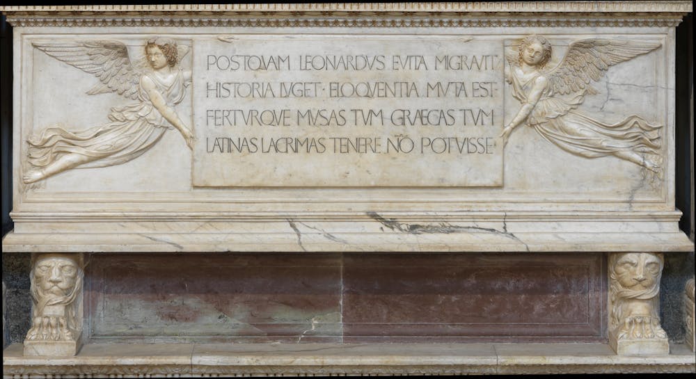 Bernardo Rossellino, Inscription on panel held by two angels