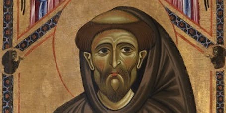 Coppo di Marcovaldo, "San Francesco e due angeli", particolare di "San Francesco e venti storie della sua vita" (“Tavola Bardi”), 1245-1250, tempera su tavola. Firenze, Santa Croce, transetto Coppo di Marcovaldo, "San Francesco e due angeli", particolare di "San Francesco e venti storie della sua vita" (“Tavola Bardi”)