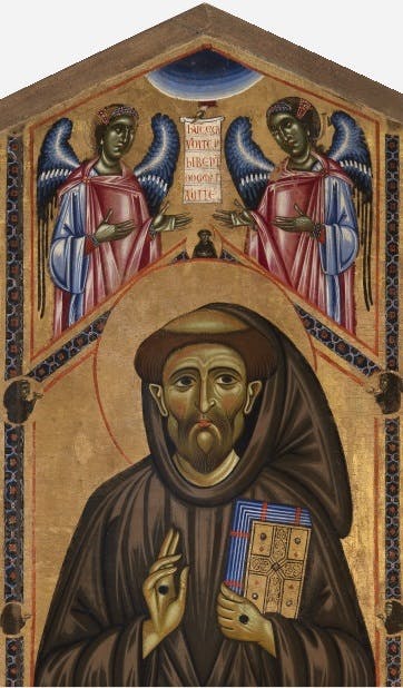Coppo di Marcovaldo, "San Francesco e due angeli", particolare di "San Francesco e venti storie della sua vita" (“Tavola Bardi”), 1245-1250, tempera su tavola. Firenze, Santa Croce, transetto Coppo di Marcovaldo, "San Francesco e due angeli", particolare di "San Francesco e venti storie della sua vita" (“Tavola Bardi”)