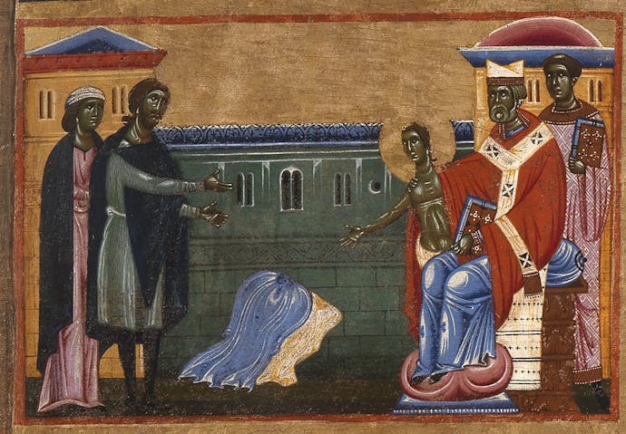 "St. Francis renounces his father’s wordly goods and removes his clothing before Bishop Guido and his father Bernardone", scene from "St. Francis and Twenty Stories from his Life" (“Bardi Altarpiece”)