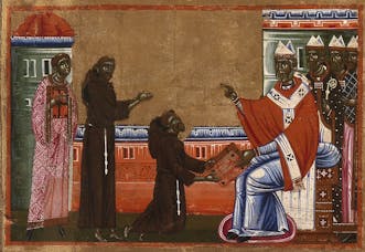 "St. Francis and his companions are received by Pope Innocent III who verbally approves the Franciscan Rule (later ratified by Pope Honorius III)", scene from "St. Francis and Twenty Stories from his Life" (“Bardi Altarpiece”)