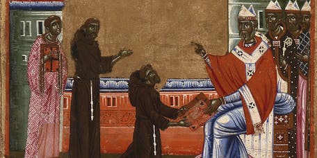 Coppo di Marcovaldo, "Innocenzo III approva la Regola francescana", scena di “San Francesco e venti storie della sua vita” (“Tavola Bardi”), 1245-1250, tempera su tavola. Firenze, Santa Croce, transetto Coppo di Marcovaldo, "Innocenzo III approva la Regola francescana" (scena tratta dalla Tavola Bardi)