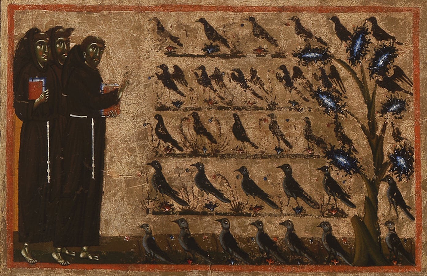 Coppo di Marcovaldo, “San Francesco predica agli uccelli”, scena di “San Francesco e venti storie della sua vita” (“Tavola Bardi”), 1245-1250, tempera su tavola. Firenze, Santa Croce, transetto Coppo di Marcovaldo, “San Francesco predica agli uccelli” (scena tratta dalla Tavola Bardi)