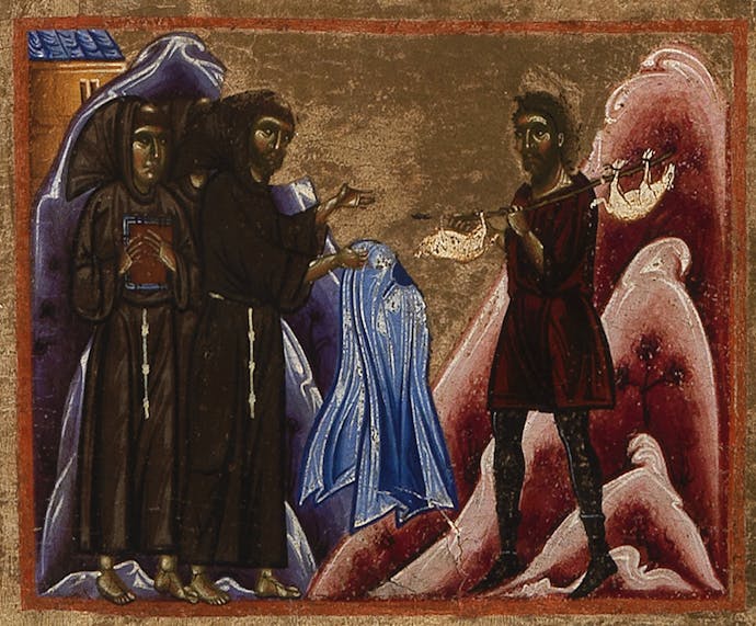 Coppo di Marcovaldo, “San Francesco scambia il suo abito con due agnelli che devono essere macellati”, scena di “San Francesco e venti storie della sua vita” (“Tavola Bardi”), 1245-1250, tempera su tavola. Firenze, Santa Croce, transetto Coppo di Marcovaldo, “San Francesco scambia il suo abito con due agnelli che devono essere macellati” (scena tratta dalla Tavola Bardi)