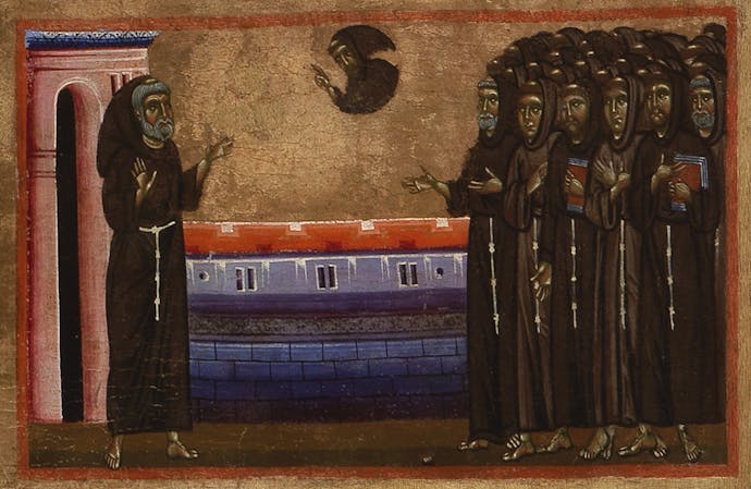 Coppo di Marcovaldo, “San Francesco appare a fra Monaldo mentre i frati sono riuniti al Capitolo di Arles durante la predica di sant’Antonio”, scena di “San Francesco e venti storie della sua vita” (“Tavola Bardi”), 1245-1250, tempera su tavola. Firenze, Santa Croce, transetto Coppo di Marcovaldo, “San Francesco appare a fra Monaldo mentre i frati sono riuniti al Capitolo di Arles durante la predica di sant’Antonio” (scena tratta dalla Tavola Bardi)