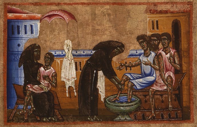 "St. Francis cares for the Lepers, holding one on his knee and washing the others’ feet", scene from "St. Francis and Twenty Stories from his Life" (“Bardi Altarpiece”)