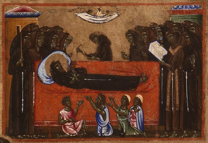 Coppo di Marcovaldo, “Alla morte di san Francesco la sua anima viene portata in cielo da angeli e gli storpi guariscono”, scena di “San Francesco e venti storie della sua vita” (“Tavola Bardi”), 1245-1250, tempera su tavola. Firenze, Santa Croce, transetto Coppo di Marcovaldo, “Alla morte di san Francesco la sua anima viene portata in cielo da angeli e gli storpi guariscono” (scena tratta dalla Tavola Bardi)