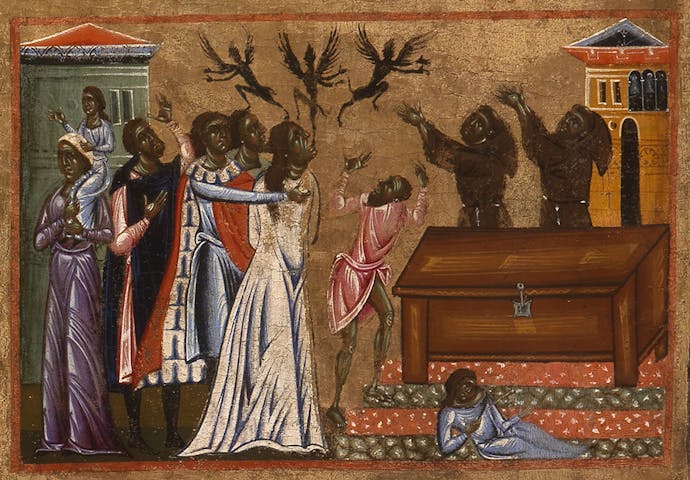 Coppo di Marcovaldo, “Durante le esequie, san Francesco sana una fanciulla con il collo storto e caccia i demoni da una donna di Narni e da Pietro da Foligno”, scena di “San Francesco e venti storie della sua vita” (“Tavola Bardi”), 1245-1250, tempera su tavola. Firenze, Santa Croce, transetto Coppo di Marcovaldo, “Durante le esequie, san Francesco sana una fanciulla con il collo storto e caccia i demoni da una donna di Narni e da Pietro da Foligno” (scena tratta dalla Tavola Bardi)