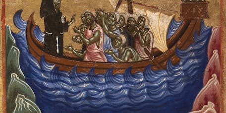 Coppo di Marcovaldo, “San Francesco salva dal naufragio una nave salpata da Ancona”, scena di “San Francesco e venti storie della sua vita” (“Tavola Bardi”), 1245-1250, tempera su tavola. Firenze, Santa Croce, transetto Coppo di Marcovaldo, “San Francesco salva dal naufragio una nave salpata da Ancona” (scena tratta dalla Tavola Bardi)