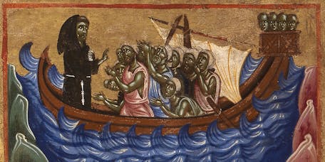 Coppo di Marcovaldo, “San Francesco salva dal naufragio una nave salpata da Ancona”, scena di “San Francesco e venti storie della sua vita” (“Tavola Bardi”), 1245-1250, tempera su tavola. Firenze, Santa Croce, transetto Coppo di Marcovaldo, “San Francesco salva dal naufragio una nave salpata da Ancona” (scena tratta dalla Tavola Bardi)