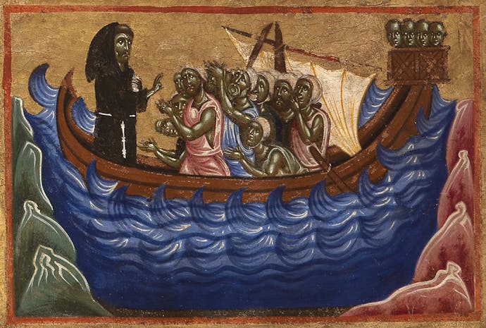 Coppo di Marcovaldo, “San Francesco salva dal naufragio una nave salpata da Ancona”, scena di “San Francesco e venti storie della sua vita” (“Tavola Bardi”), 1245-1250, tempera su tavola. Firenze, Santa Croce, transetto Coppo di Marcovaldo, “San Francesco salva dal naufragio una nave salpata da Ancona” (scena tratta dalla Tavola Bardi)