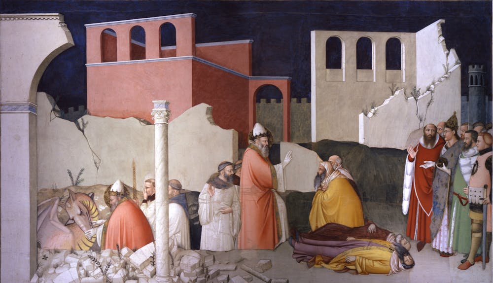Maso di Banco, "San Silvestro ammansisce il drago e resuscita due maghi uccisi dal fiato pestifero del mostro", scena delle "Storie di San Silvestro e Costantino", 1332-1335 o 1336-1338, affresco. Firenze, Santa Croce, transetto sinistro, cappella Bardi di Mangona 