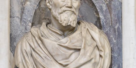 Battista Lorenzi, “Busto di Michelangelo”, particolare della “Tomba monumentale di Michelangelo Buonarroti”, 1564-1576, marmo e affresco. Firenze, Santa Croce, navata destra Battista Lorenzi, “Busto di Michelangelo”, particolare della “Tomba monumentale di Michelangelo Buonarroti”, 1564-1576, marmo e affresco. Firenze, Santa Croce, navata destra