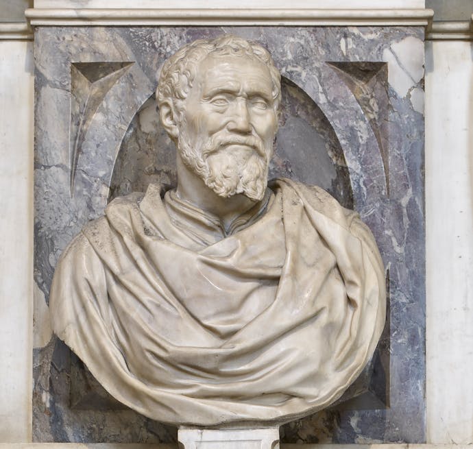 Battista Lorenzi, “Busto di Michelangelo”, particolare della “Tomba monumentale di Michelangelo Buonarroti”, 1564-1576, marmo e affresco. Firenze, Santa Croce, navata destra Battista Lorenzi, “Busto di Michelangelo”, particolare della “Tomba monumentale di Michelangelo Buonarroti”, 1564-1576, marmo e affresco. Firenze, Santa Croce, navata destra