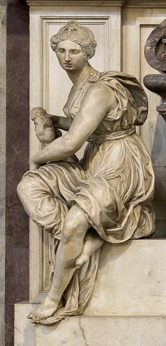 Battista Lorenzi, “Pittura”, particolare della “Tomba monumentale di Michelangelo Buonarroti”, 1564-1576, marmo e affresco. Firenze, Santa Croce, navata destra