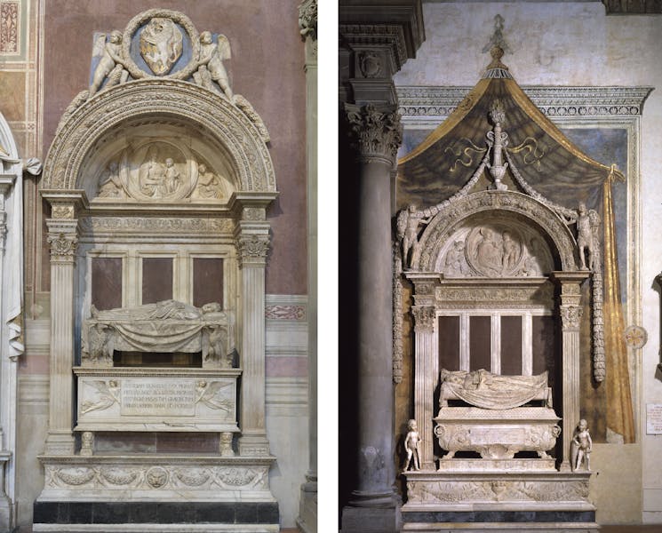 Bernardo Rossellino, “Tomba monumentale di Leonardo Bruni”, 1445-1450 circa, marmo. Firenze, Santa Croce, navata destra. Desiderio da Settignano, “Tomba monumentale di Carlo Marsuppini”, 1454-1459, marmo e affresco. Firenze, Santa Croce, navata sinistra