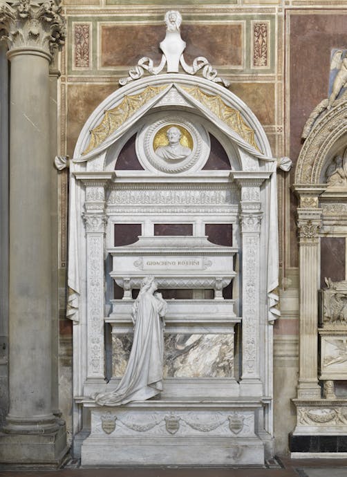 Giuseppe Cassioli, “Tomba monumentale di Gioachino Rossini”, 1900-1902, marmo bianco di Carrara, marmo di Seravezza, dorature/mosaico dorato. Firenze, Santa Croce, navata destra Giuseppe Cassioli, “Tomba monumentale di Gioachino Rossini”, 1900-1902, marmo bianco di Carrara, marmo di Seravezza, dorature/mosaico dorato. Firenze, Santa Croce, navata destra