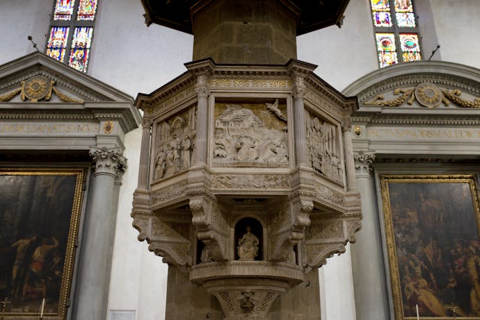 Benedetto da Maiano, Pulpito con “Storie di san Francesco”, 1481-1487, marmo bianco di Seravezza, marmo rosso di Maremma con dorature, lacca e tarsie di vetro. Firenze, Santa Croce, navata centrale Benedetto da Maiano, Pulpito con “Storie di san Francesco”, 1481-1487, marmo bianco di Seravezza, marmo rosso di Maremma con dorature, lacca e tarsie di vetro. Firenze, Santa Croce, navata centrale