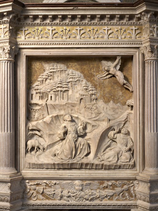 Benedetto da Maiano, Pulpit with Stories from the Life of St. Francis, 1481-1487. Basilica of Santa Croce, nave Benedetto da Maiano, Pulpit with Stories from the Life of St. Francis, 1481-1487. Basilica of Santa Croce, nave