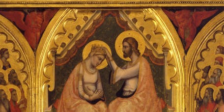 Giotto, "Incoronazione della Vergine tra angeli e santi (Polittico Baroncelli)", particolare, dopo il 1328, tempera su tavola. Firenze, Santa Croce, transetto destro, cappella Baroncelli Giotto, "Incoronazione della Vergine tra angeli e santi (Polittico Baroncelli)", particolare, dopo il 1328, tempera su tavola. Firenze, Santa Croce, transetto destro, cappella Baroncelli