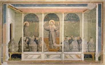 Giotto, “San Francesco appare al Capitolo di Arles durante una predica di sant’Antonio da Padova ", scena delle "Storie di san Francesco", 1317-1325, affresco. Firenze, Santa Croce, transetto destro, cappella Bardi