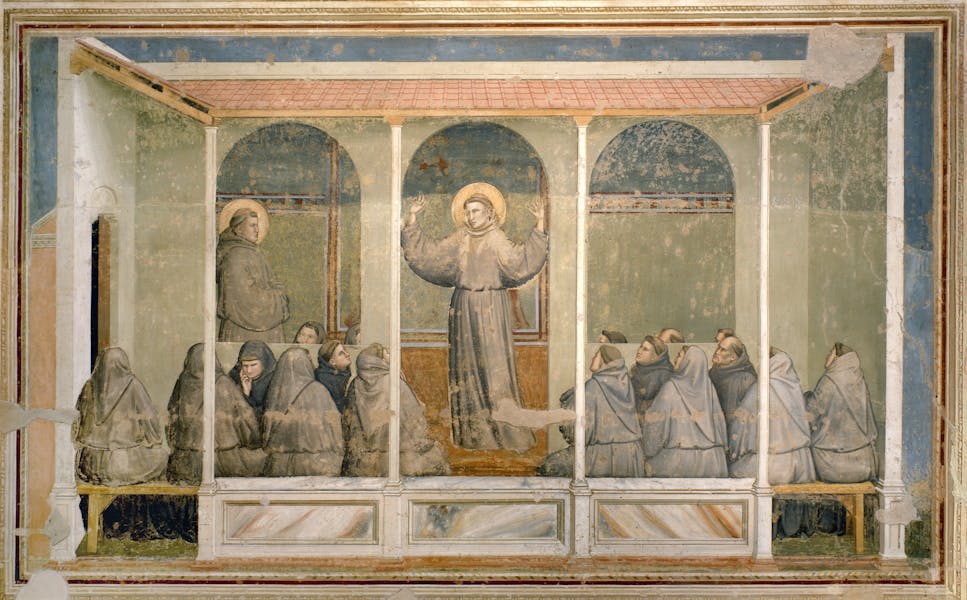 Giotto, “San Francesco appare al Capitolo di Arles durante una predica di sant’Antonio da Padova ", scena delle "Storie di san Francesco", 1317-1325, affresco. Firenze, Santa Croce, transetto destro, cappella Bardi