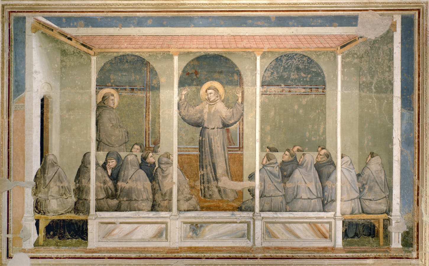Giotto, St. Francis appears to the Chapter at Arles while St. Anthony of Padua is preaching, scene from the Stories of St. Francis, 1317–25. Basilica of Santa Croce, Bardi Chapel
