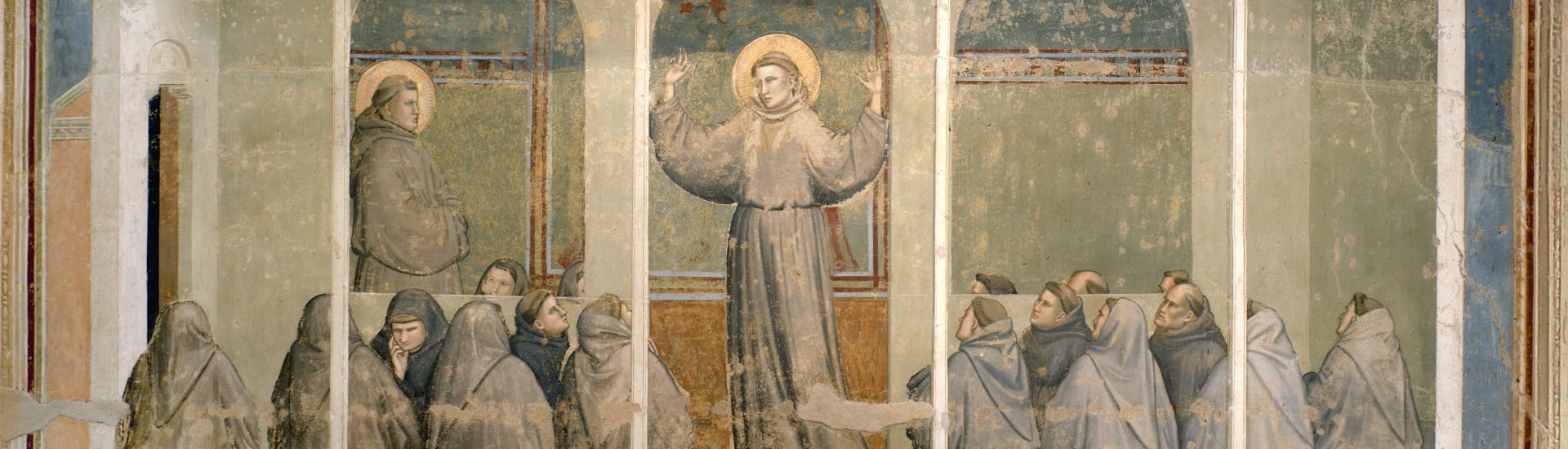 Giotto, “San Francesco appare al Capitolo di Arles durante una predica di sant’Antonio da Padova ", scena delle "Storie di san Francesco", 1317-1325, affresco. Firenze, Santa Croce, transetto destro, cappella Bardi Giotto, “San Francesco appare al Capitolo di Arles durante una predica di sant’Antonio da Padova ", scena delle "Storie di san Francesco", 1317-1325, affresco. Firenze, Santa Croce, transetto destro, cappella Bardi