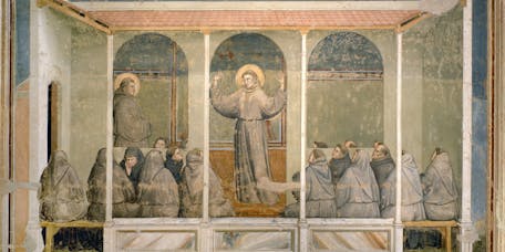 Giotto, “San Francesco appare al Capitolo di Arles durante una predica di sant’Antonio da Padova ", scena delle "Storie di san Francesco", 1317-1325, affresco. Firenze, Santa Croce, transetto destro, cappella Bardi Giotto, “San Francesco appare al Capitolo di Arles durante una predica di sant’Antonio da Padova ", scena delle "Storie di san Francesco", 1317-1325, affresco. Firenze, Santa Croce, transetto destro, cappella Bardi