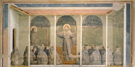 Giotto, “San Francesco appare al Capitolo di Arles durante una predica di sant’Antonio da Padova ", scena delle "Storie di san Francesco", 1317-1325, affresco. Firenze, Santa Croce, transetto destro, cappella Bardi Giotto, “San Francesco appare al Capitolo di Arles durante una predica di sant’Antonio da Padova ", scena delle "Storie di san Francesco", 1317-1325, affresco. Firenze, Santa Croce, transetto destro, cappella Bardi