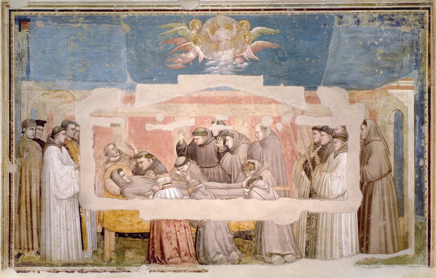 Giotto, "Morte di san Francesco, la cui anima viene portata in cielo dagli angeli; verifica delle Stimmate da parte dell’incredulo Girolamo", scena delle "Storie di san Francesco", 1317-1325, affresco. Firenze, Santa Croce, transetto destro, cappella Bardi