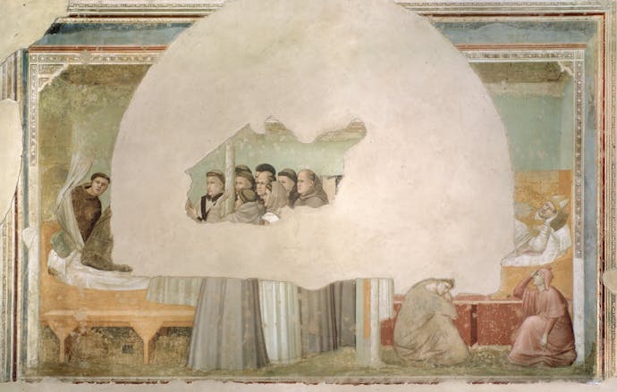 Giotto, “San Francesco appare a frate Agostino e al vescovo Guido di Assisi ", scena delle "Storie di san Francesco", 1317-1325, affresco. Firenze, Santa Croce, transetto destro, cappella Bardi