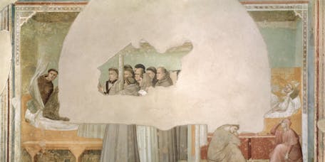 Giotto, “San Francesco appare a frate Agostino e al vescovo Guido di Assisi ", scena delle "Storie di san Francesco", 1317-1325, affresco. Firenze, Santa Croce, transetto destro, cappella Bardi Giotto, “San Francesco appare a frate Agostino e al vescovo Guido di Assisi ", scena delle "Storie di san Francesco", 1317-1325, affresco. Firenze, Santa Croce, transetto destro, cappella Bardi