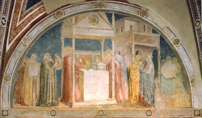 Giotto, “Annuncio a Zaccaria nel tempio”, scena delle “Storie di san Giovanni Battista e san Giovanni Evangelista”, 1310-1311 circa, pittura murale. Firenze, Santa Croce, transetto destro, cappella Peruzzi Giotto, “Annuncio a Zaccaria nel tempio”, scena delle “Storie di san Giovanni Battista e san Giovanni Evangelista”, 1310-1311 circa, pittura murale. Firenze, Santa Croce, transetto destro, cappella Peruzzi