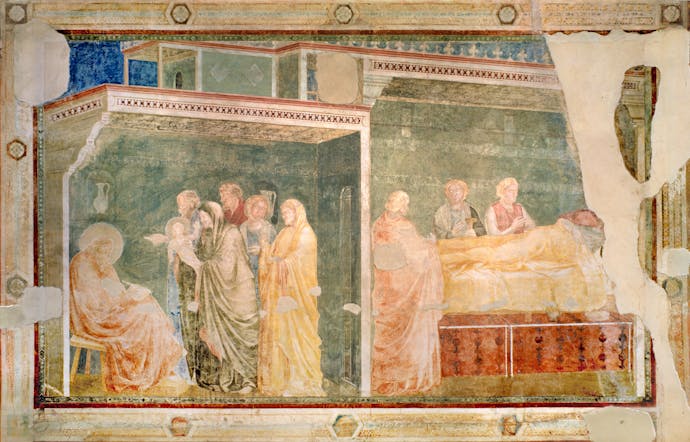 Giotto, “Nascita di san Giovanni Battista; Zaccaria, divenuto muto, scrive il nome del figlio”, scena delle “Storie di san Giovanni Battista e san Giovanni Evangelista”, 1310-1311 circa, pittura murale. Firenze, Santa Croce, transetto destro, cappella Peruzzi Giotto, “Nascita di san Giovanni Battista; Zaccaria, divenuto muto, scrive il nome del figlio”, scena delle “Storie di san Giovanni Battista e san Giovanni Evangelista”, 1310-1311 circa, pittura murale. Firenze, Santa Croce, transetto destro, cappella Peruzzi
